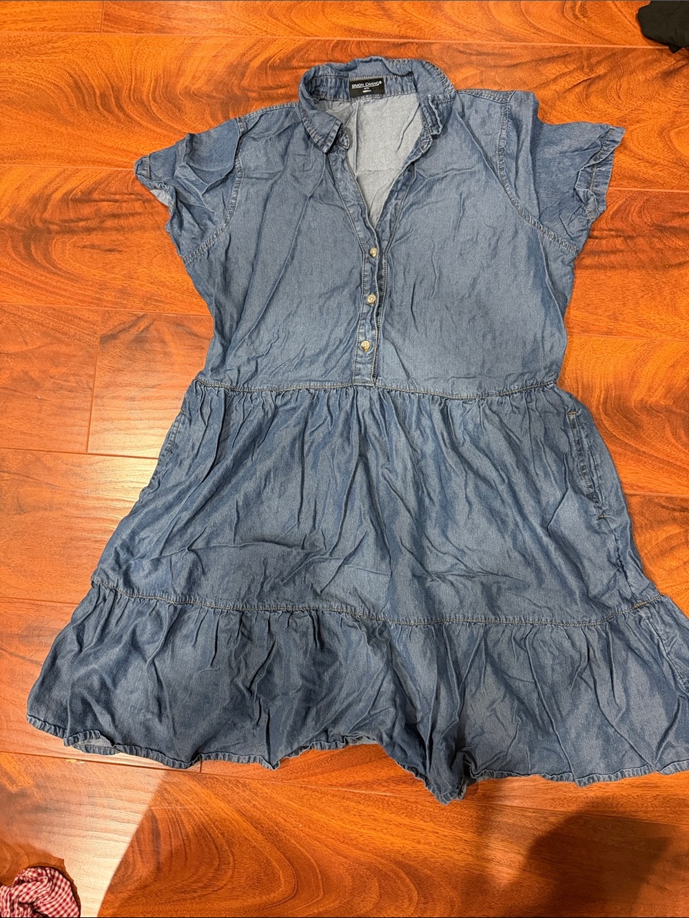 Denim Tiered Shirt Dress - Blue with pockets